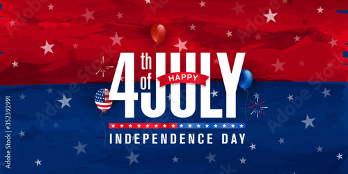 Fotografía Happy 4th of July, Independence day greeting design on red & blue watercolor with star, balloon & fireworks burst