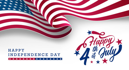 Sticker - America Independence Day, Happy 4th of July typographic design banner with waving USA National Flag on top. Vector Illustration.