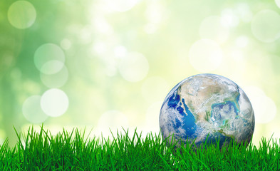 ecology and environment concept : blue planet earth on green grass with blurry green natural and sun