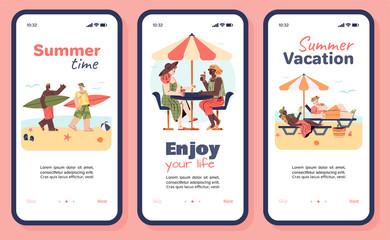 Summer vacation mobile app set on smartphone screen with cartoon people