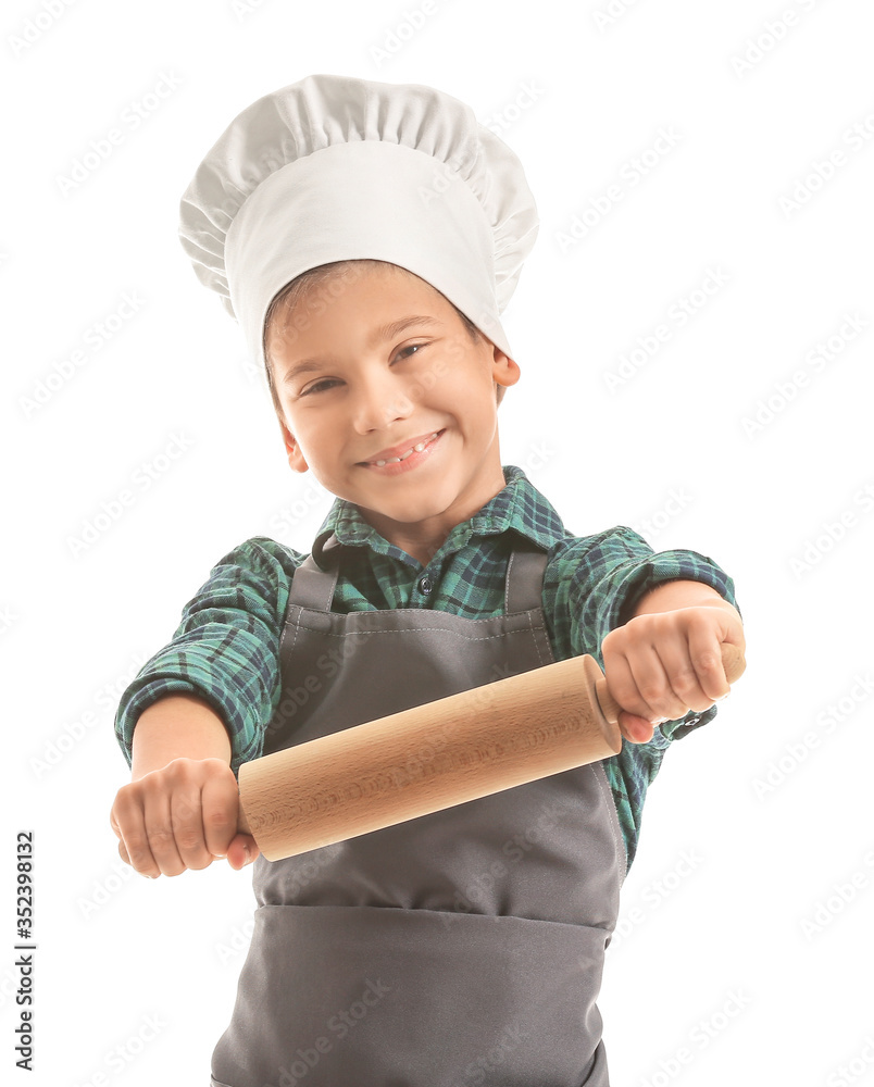 Portrait of little chef on white background