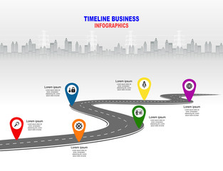 Leinwandbilder - Vector template infographic Timeline of business operations with flags and placeholders on curved roads. Symbols, steps for successful business planning Suitable for advertising and presentations.