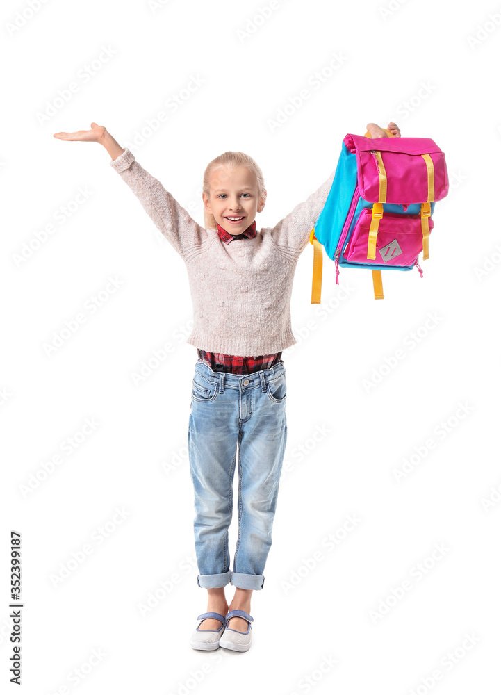 Cute little schoolgirl on white background