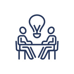 two workers and bulb thin line icon. idea, discussion, brainstorm isolated outline sign. business co