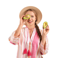 Wall Mural - Young woman with avocado on white background. Diet concept