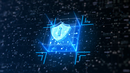 Poster - hi-tech shield of cyber security. digital data network protection. high-speed connection data analys