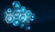 © putilov_denis - Internet of things - IOT concept. Businessman offer IOT products and solutions. Young businessman  select the abstract chip with text IoT on the virtual display.