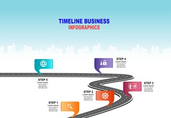 Leinwandbilder - Vector template infographic Timeline of business operations with flags and placeholders on curved roads. Symbols, steps for successful business planning Suitable for advertising and presentations.