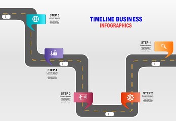 Leinwandbilder - Vector template infographic Timeline of business operations with flags and placeholders on curved roads. Symbols, steps for successful business planning Suitable for advertising and presentations.