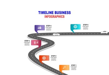 Leinwandbilder - Vector template infographic Timeline of business operations with flags and placeholders on curved roads. Symbols, steps for successful business planning Suitable for advertising and presentations.