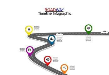 Leinwandbilder - Vector template infographic Timeline of business operations with flags and placeholders on curved roads. Symbols, steps for successful business planning Suitable for advertising and presentations.