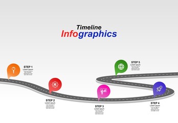 Leinwandbilder - Vector template infographic Timeline of business operations with flags and placeholders on curved roads. Symbols, steps for successful business planning Suitable for advertising and presentations.