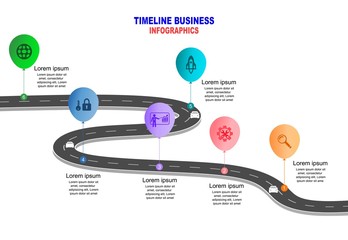 Leinwandbilder - Vector template infographic Timeline of business operations with flags and placeholders on curved roads. Symbols, steps for successful business planning Suitable for advertising and presentations.