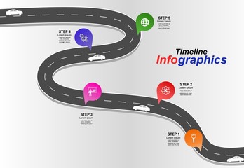 Leinwandbilder - Vector template infographic Timeline of business operations with flags and placeholders on curved roads. Symbols, steps for successful business planning Suitable for advertising and presentations.