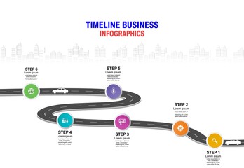 Leinwandbilder - Vector template infographic Timeline of business operations with flags and placeholders on curved roads. Symbols, steps for successful business planning Suitable for advertising and presentations.