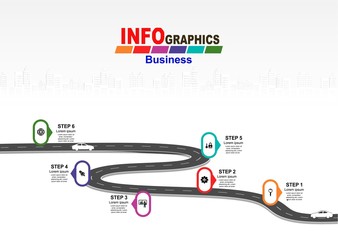 Leinwandbilder - Vector template infographic Timeline of business operations with flags and placeholders on curved roads. Symbols, steps for successful business planning Suitable for advertising and presentations.