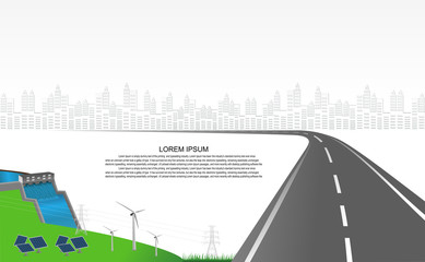 Leinwandbilder - Power generation system renewable Clean energy from nature, such as wind, solar, water energy, can be used to produce electricity.Vector template infographic Timeline of business operations with cars.