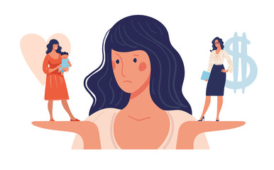 A woman chooses between family and work. The issue of female priorities between childbirth, health, marriage and career, money, business. Flat vector illustration