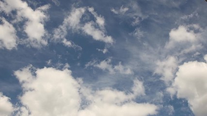 Wall Mural - Clear blue sky with cumulus clouds that stand still and cirrus clouds that float. Joyful mood. High pressure and difference in movement in the atmosphere. Ecology of clean air. Weather forecast