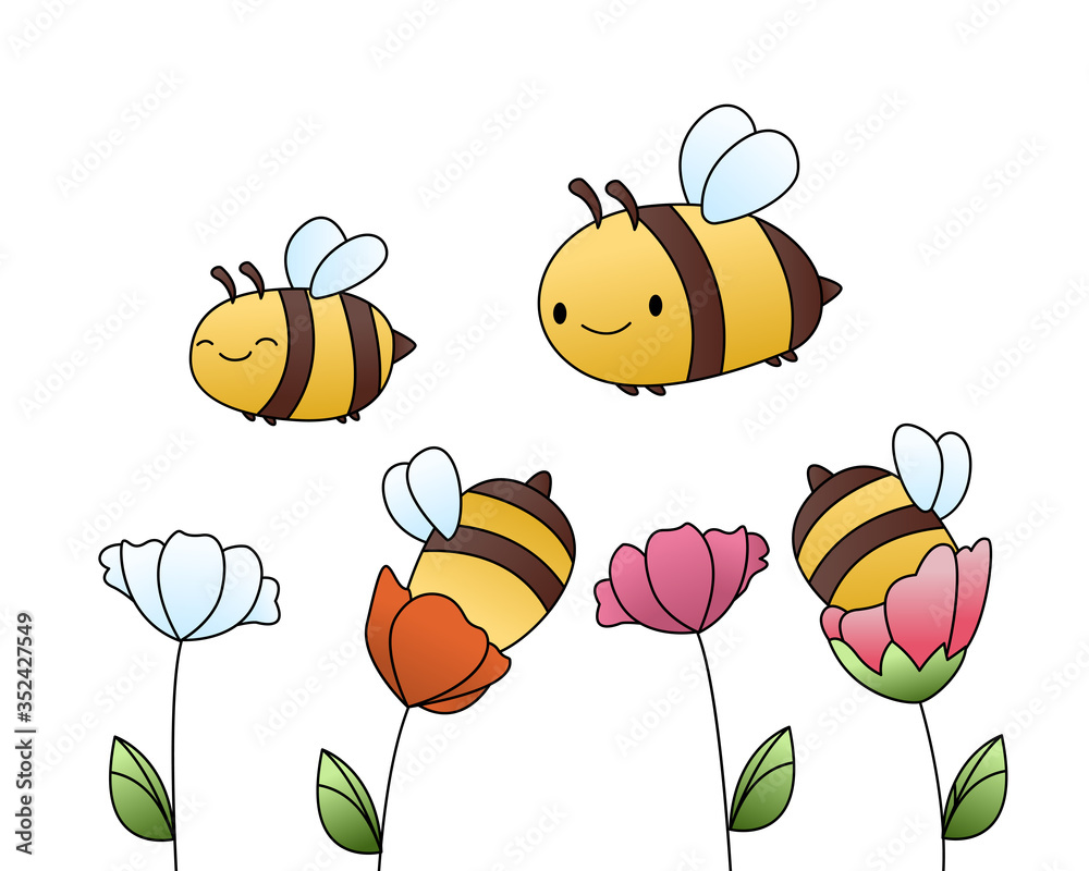 Cartoon of bee and flower on white Stock Vector | Adobe Stock