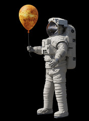 Wall Mural - astronaut with planet venus balloon isolated on black background