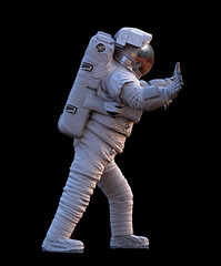 Wall Mural - astronaut pushing an empty space isolated on black background