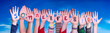 Children Hands Building Colorful German Word Sommerferien Means Summer Holdiays. Blue Sky As Background
