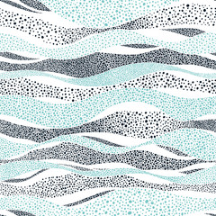 Wavy seamless pattern in polka dot style. Cute summer sea background. White and blue print for textiles. Waves graphic pointillism. Vector illustration.