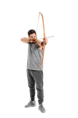 Handsome man with crossbow on white background