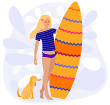 Girl With A Dog Getting Ready To Surfing - Vector Flat Cartoon Illustration Isolated On White Background. Young Woman Holding A Surfboard