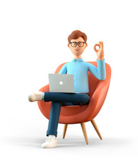 Wall Mural - 3D illustration of smiling happy man with laptop sitting in armchair and showing ok gesture. Cartoon businessman with okay sign, working in office and using social networks, isolated on white.