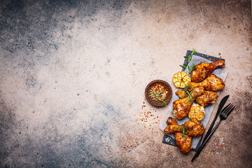 Wall Mural - Baked spicy chicken legs with rosemary and garlic on black slate, dark background, top view.