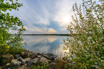 Wall Mural - Romantic sunset at the Cospudener Lake in Leipzig