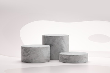 Poster - Stone showcase or rock podium stand on abstract white background with marble concept. Pedestal of product display for design. 3D rendering.