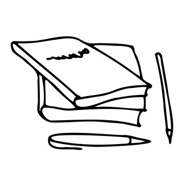 Hand drawing books or notebooks, pencil and pen. Simple office picture.For greeting cards,children coloring book and seasonal design. Stock Doodle vector illustration isolated on white background.