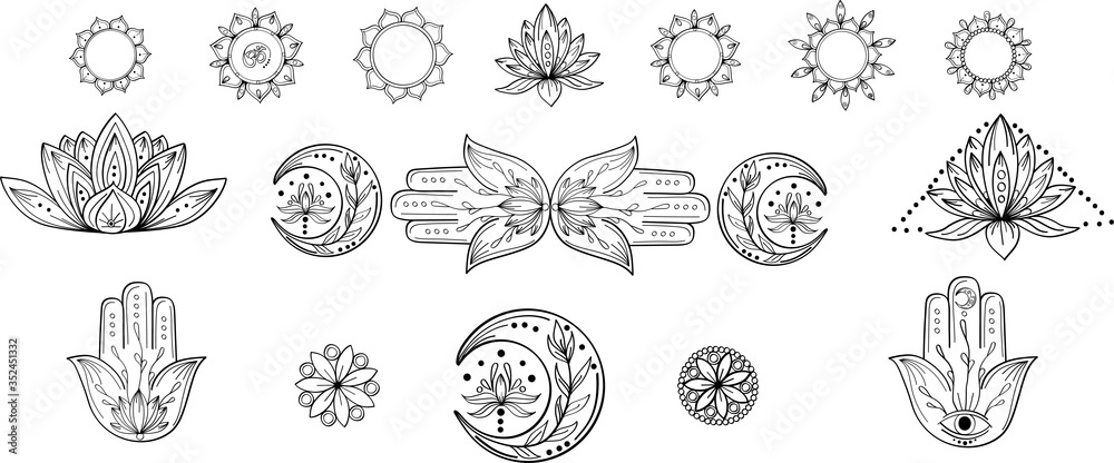 Outline collection of abstract yoga symbol with mandala, hamsa, moon, lotus, om. Indian linear yoga illustration. Vector mandala clipart for card, print, packing, poster, tattoo in yoga style - obrazy, fototapety, plakaty 