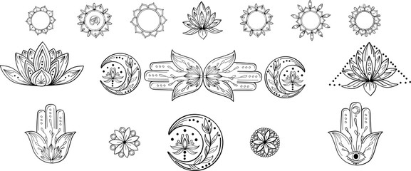 Outline collection of abstract yoga symbol with mandala, hamsa, moon, lotus, om. Indian linear yoga illustration. Vector mandala clipart for card, print, packing, poster, tattoo in yoga style