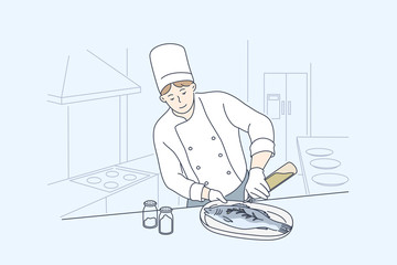 Sea, cuisine, cooking, fish concept. Young man or boy professional cooker chef cartoon character preparing salmon or trout at restaurant or cafe. Cooking healthy vegan or vegetarian food illustration.