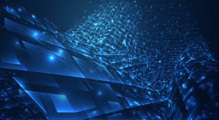 Wall Mural - vector blue stream of luminous particles and crystals, virtual data