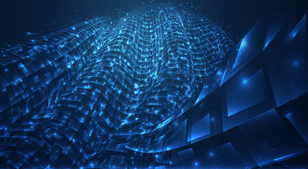 Wall Mural - vector blue stream of luminous particles and crystals, virtual data