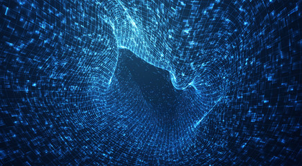 Wall Mural - vector blue stream of luminous particles and crystals, virtual data