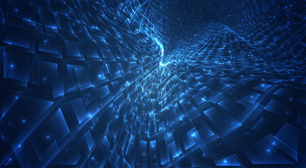 Wall Mural - vector blue stream of luminous particles and crystals, virtual data