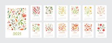 Set Of Various Calendar Templates For 2021 Year Vector Flat Illustration. Colorful Creative Pages Decorated By Natural Blossom Isolated On White. Collection Of Schedule Design Week Start On Sunday