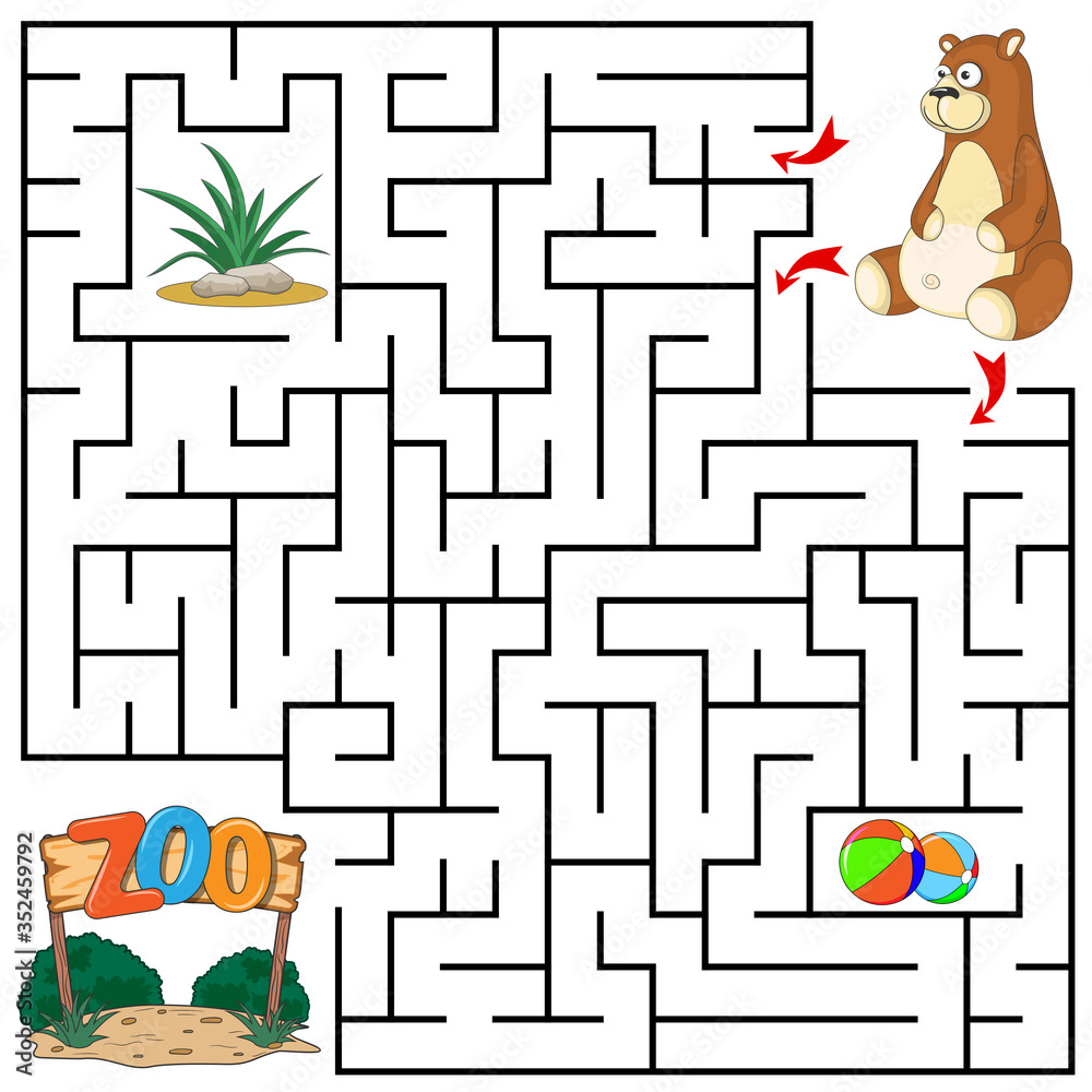Help Bear to find the right path to Zoo, balls, grass. 3 entrances, 3 ...