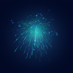 Wall Mural - green and blue fireworks in the night sky, festive vector set of sparks and moods