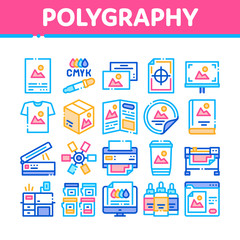 Poster - Polygraphy Printing Service Icons Set Vector. Polygraphy And Scanner Equipment And ink, Paper List With Picture And Cup Concept Linear Pictograms. Color Illustrations