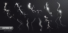 Vector Realistic Set Of Lightnings. Thunderstorm And Lightnings. Magic Electricity Lighting Effects. Realistic Design Elements.