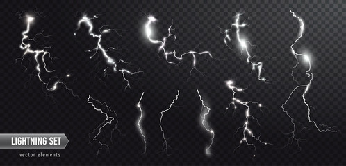 vector realistic set of lightnings. thunderstorm and lightnings. magic electricity lighting effects.