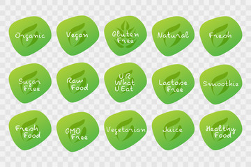 Wall Mural - Organic, Vegan, Gluten Free, Natural, Fresh, Sugar, Raw, Lactose, Healthy Food, Smoothie, Juice, Vegetarian icons. Vector green symbol set for design, product, sticker, label, logo