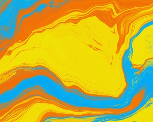 Wall Mural - Abstract Liquid smooth orange blue and yellow fresh color, curve lines marble pattern textures, watercolor decoration fluid flowing acrylic art modern cool background, creative paint brush color